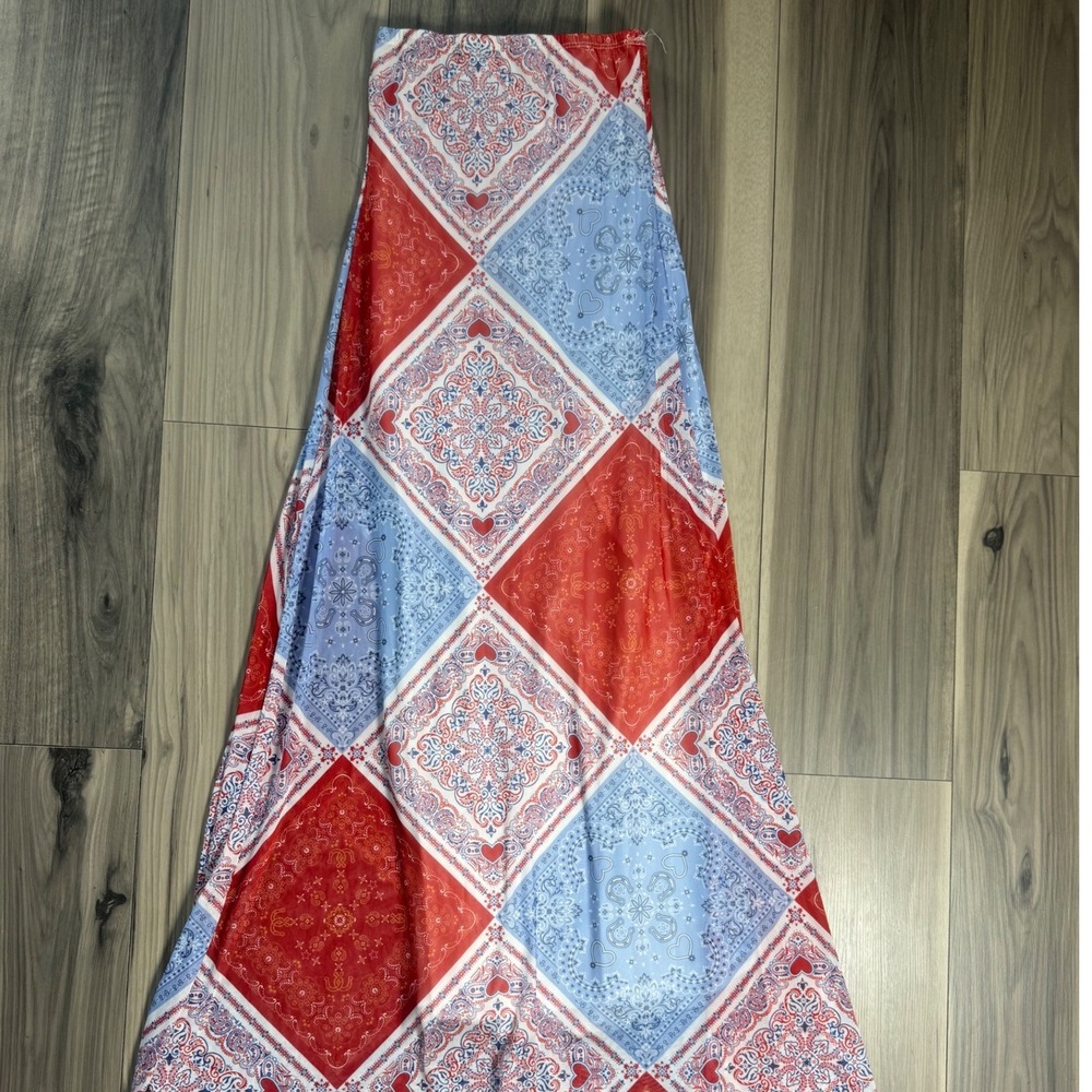 See You Monday Red White Blue Bandana Patchwork Maxi Dress XS Boho Heart Paisley